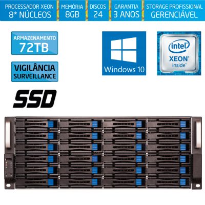 Servidor de Armazenamento Silix® 8* Núcleos X1200H24 V6 Intel® Xeon E3-1230 V6 3.5 Ghz 8 MB / 8GB DDR4 / 120GB SSD + 72TB SATA3 Vigilância / RAID Dedicado 24 Portas 512MB / USB 3.0 / RACK 4U / Hot-Swap / Windows 10 Pro OEM