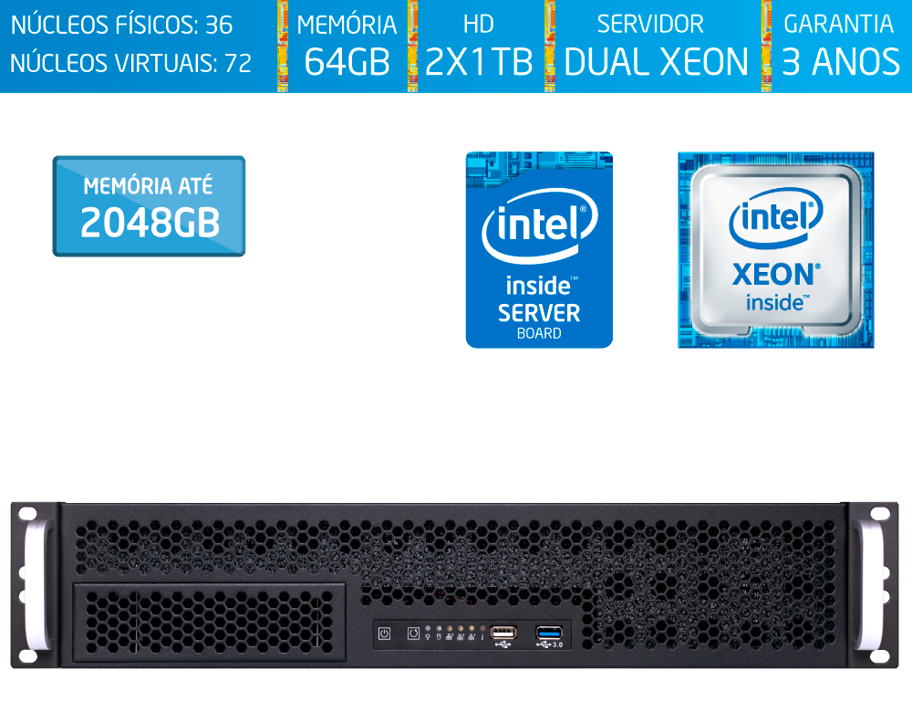 Servidor Silix® 72* Núcleos Escalável-DR Intel Xeon 6240 Ouro 2.6 GHz 49.5MB / 64GB DDR4 ECC RDIMM / 2x 1TB SATA3 / Rack 2U / Dual Xeon