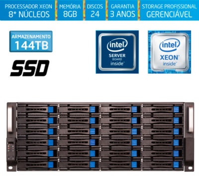 Servidor de Armazenamento Silix 8* Núcleos E2200H24 Intel® Xeon E-2234 3.6 Ghz 8MB / 8GB DDR4 / SSD 240GB + 24x 6TB SATA3 Skyhawk (144TB) / RAID Dedicado 24 Portas 1GB / Rack 4U / Hot-Swap